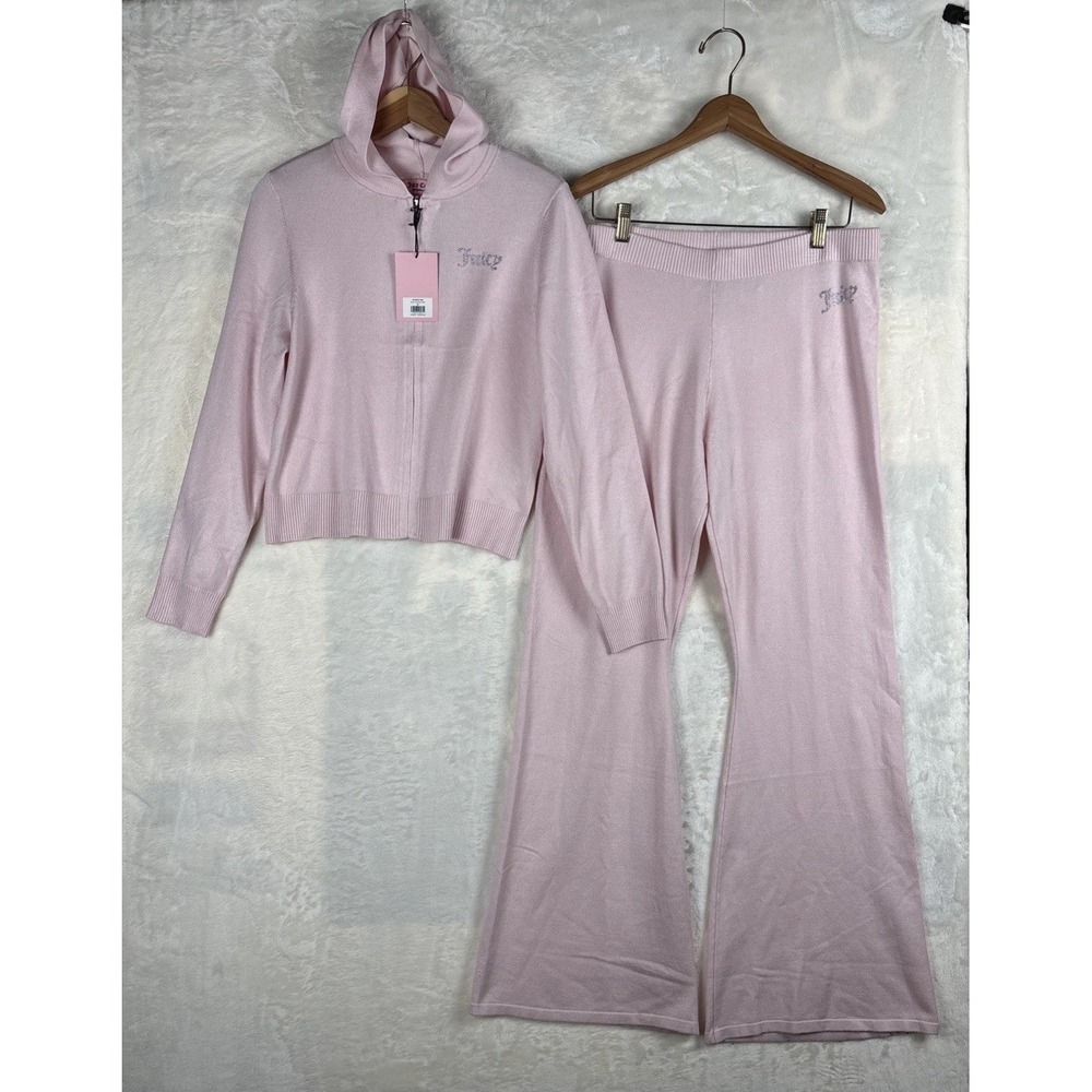 Juicy Couture‎ Pink Knit Sweater Hoodie & Pants Set Outfit Sz XL Lounge Y2k 90's